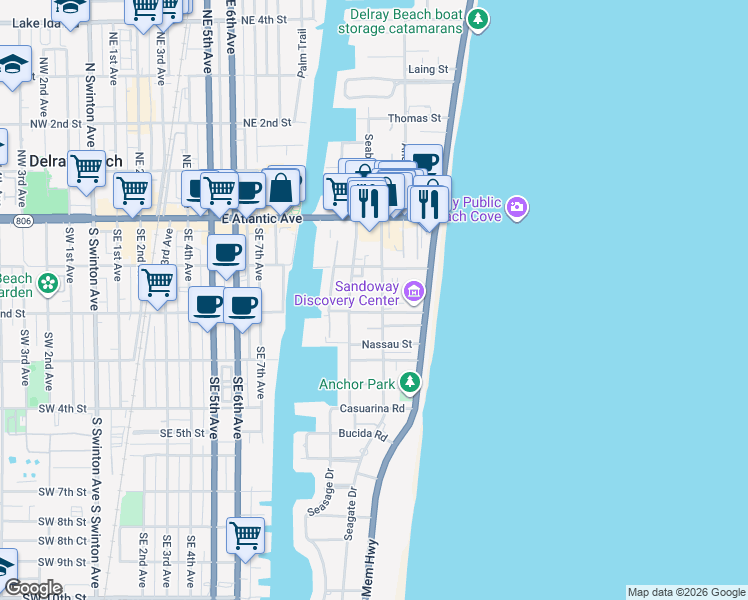map of restaurants, bars, coffee shops, grocery stores, and more near 134 Gleason Street in Delray Beach