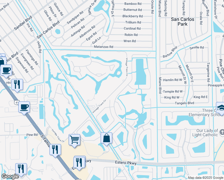 map of restaurants, bars, coffee shops, grocery stores, and more near 19559 Vintage Trace Circle in Fort Myers