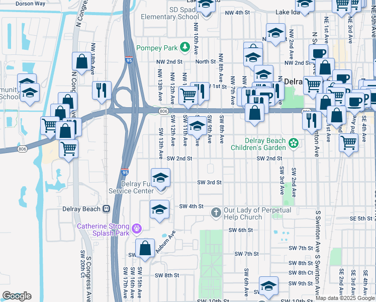 map of restaurants, bars, coffee shops, grocery stores, and more near 133 Southwest 11th Avenue in Delray Beach