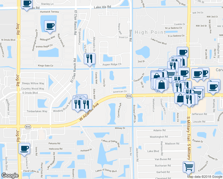 map of restaurants, bars, coffee shops, grocery stores, and more near 5604 American Circle in Delray Beach
