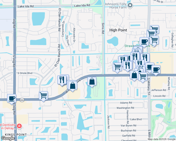 map of restaurants, bars, coffee shops, grocery stores, and more near 5604 American Circle in Delray Beach