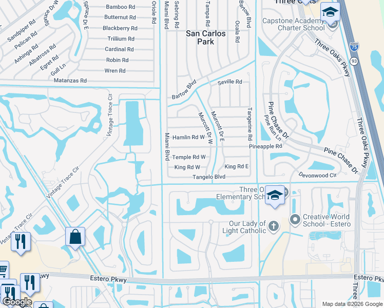 map of restaurants, bars, coffee shops, grocery stores, and more near 9081 Temple Rd W in Fort Myers