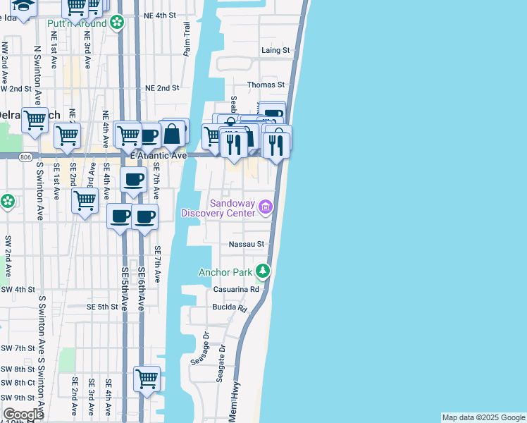 map of restaurants, bars, coffee shops, grocery stores, and more near 130 South Ocean Boulevard in Delray Beach