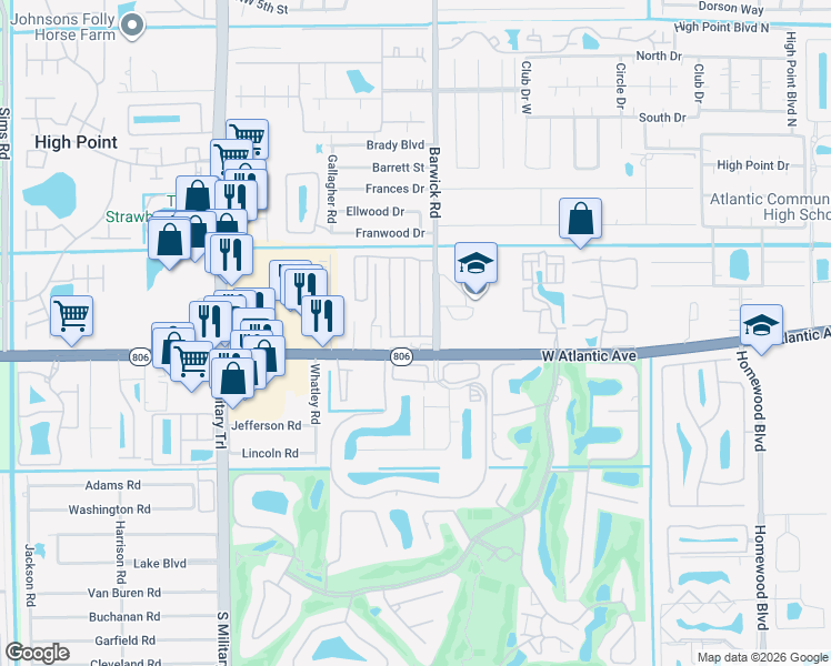 map of restaurants, bars, coffee shops, grocery stores, and more near 14689 Elmhurst Drive in Delray Beach