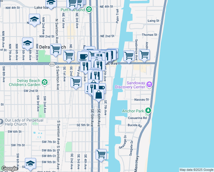 map of restaurants, bars, coffee shops, grocery stores, and more near 142 Marine Way in Delray Beach