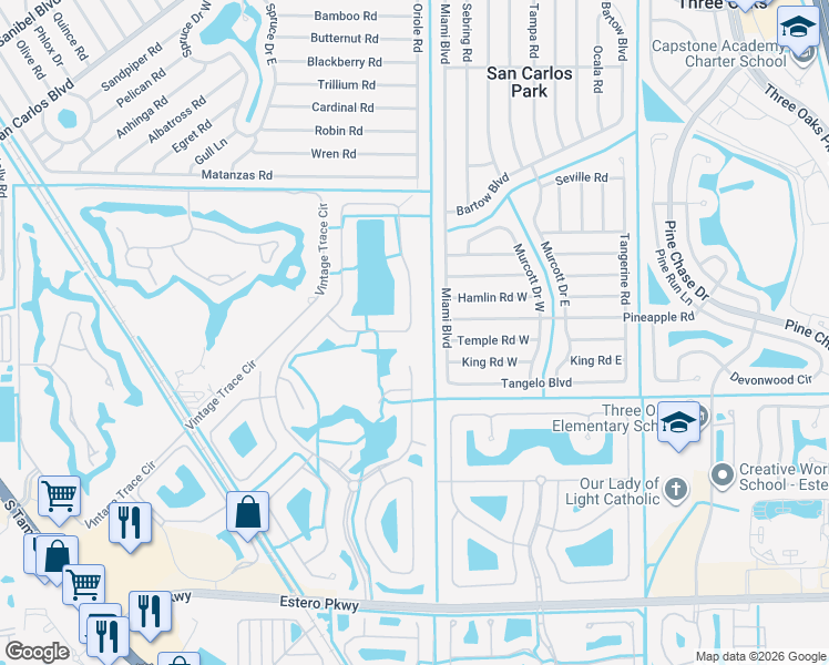map of restaurants, bars, coffee shops, grocery stores, and more near 19260 La Serena Drive in Fort Myers