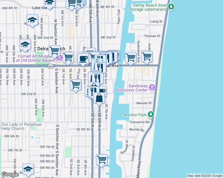 map of restaurants, bars, coffee shops, grocery stores, and more near 142 Marine Way in Delray Beach