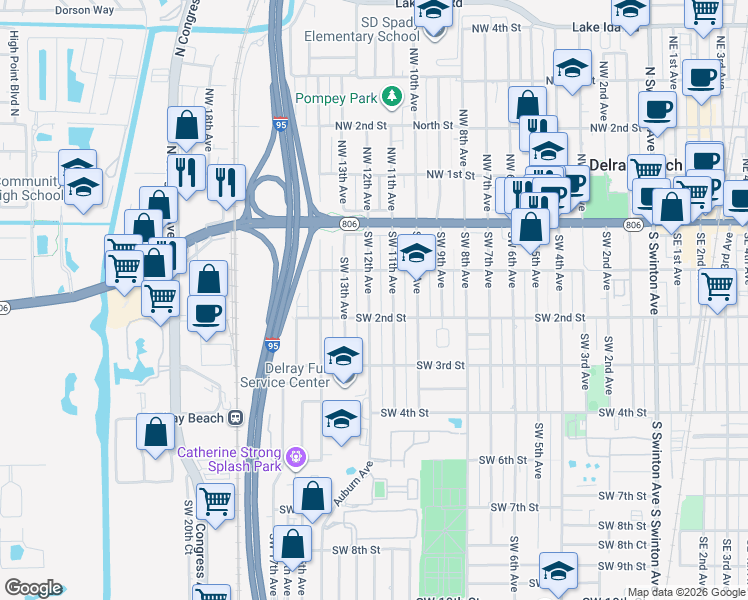 map of restaurants, bars, coffee shops, grocery stores, and more near 129 Southwest 12th Avenue in Delray Beach