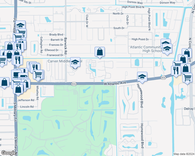 map of restaurants, bars, coffee shops, grocery stores, and more near 4205 West Atlantic Avenue in Delray Beach