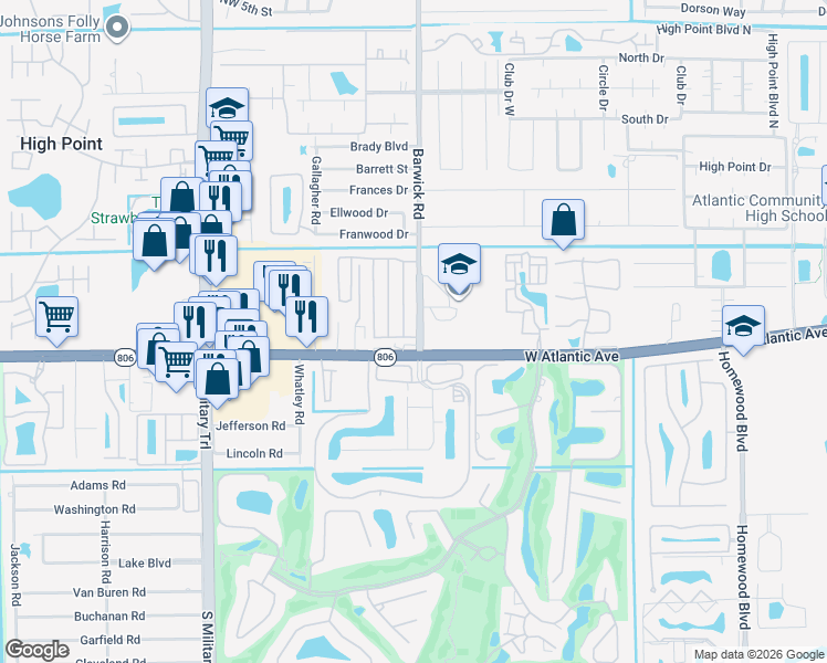 map of restaurants, bars, coffee shops, grocery stores, and more near 14689 Elmhurst Drive in Delray Beach