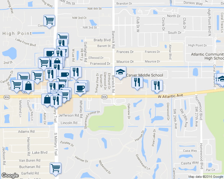 map of restaurants, bars, coffee shops, grocery stores, and more near 14683 Barwick Rd in Delray Beach