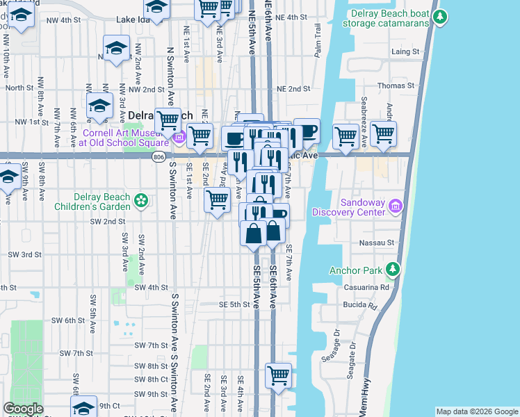 map of restaurants, bars, coffee shops, grocery stores, and more near 160 South Federal Highway in Delray Beach