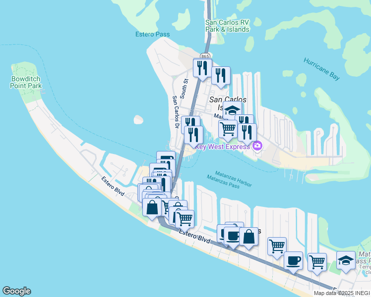 map of restaurants, bars, coffee shops, grocery stores, and more near 718 Fishermans Wharf in Fort Myers Beach