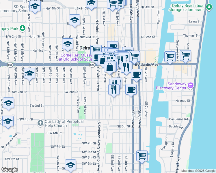map of restaurants, bars, coffee shops, grocery stores, and more near 180 Southeast 2nd Avenue in Delray Beach