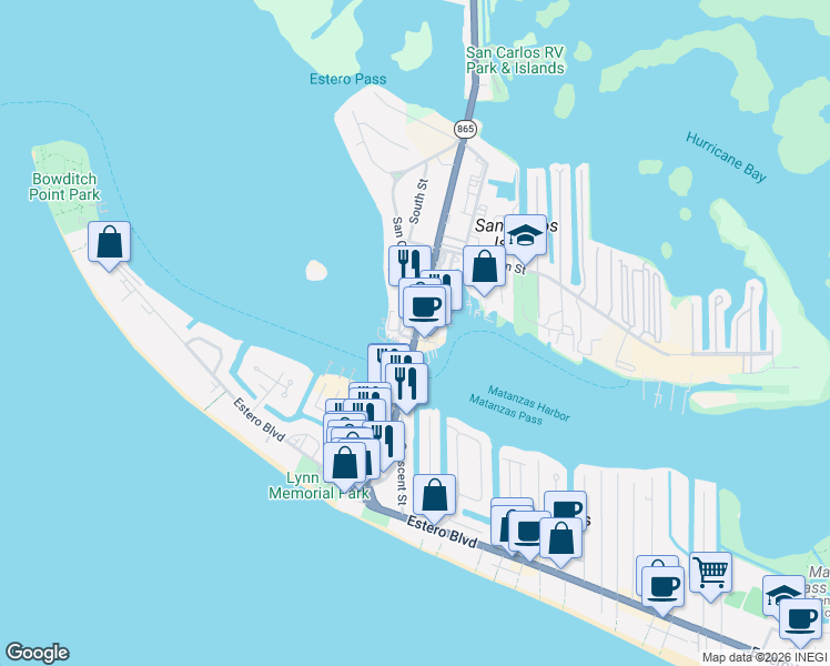 map of restaurants, bars, coffee shops, grocery stores, and more near 703 Fishermans Wharf in Fort Myers Beach