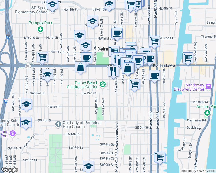 map of restaurants, bars, coffee shops, grocery stores, and more near 138 Southwest 1st Avenue in Delray Beach