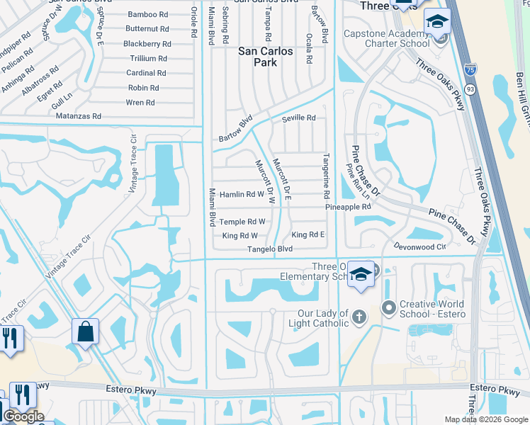 map of restaurants, bars, coffee shops, grocery stores, and more near 19181 Murcott Drive East in Fort Myers