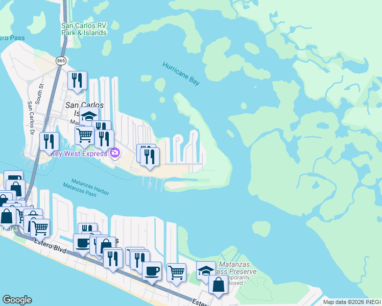 map of restaurants, bars, coffee shops, grocery stores, and more near 114 Blackbeard Way in Fort Myers Beach