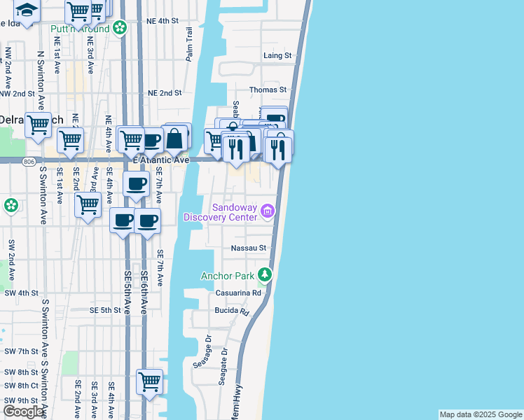 map of restaurants, bars, coffee shops, grocery stores, and more near 130 South Ocean Boulevard in Delray Beach
