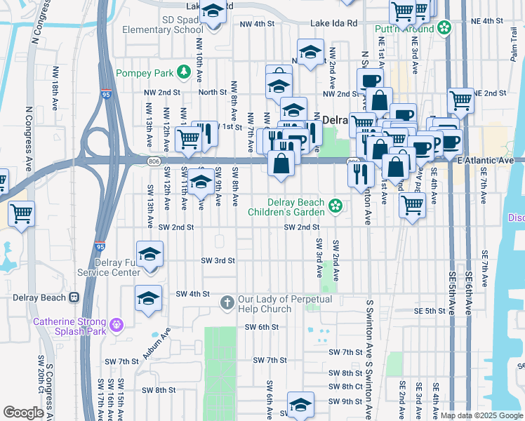 map of restaurants, bars, coffee shops, grocery stores, and more near 135 Southwest 6th Avenue in Delray Beach