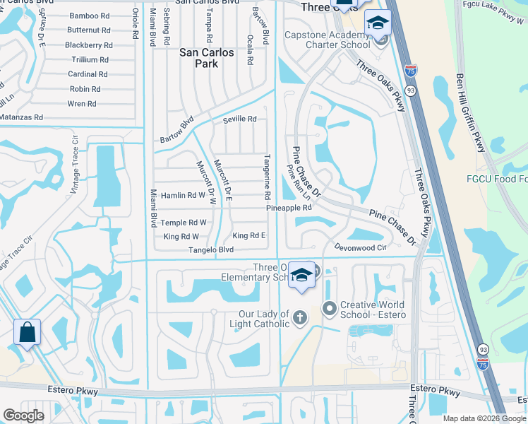 map of restaurants, bars, coffee shops, grocery stores, and more near 9225 Temple Road East in Fort Myers