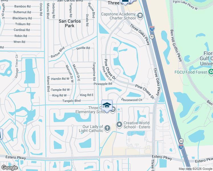 map of restaurants, bars, coffee shops, grocery stores, and more near 19285 Pine Glen Drive in Fort Myers