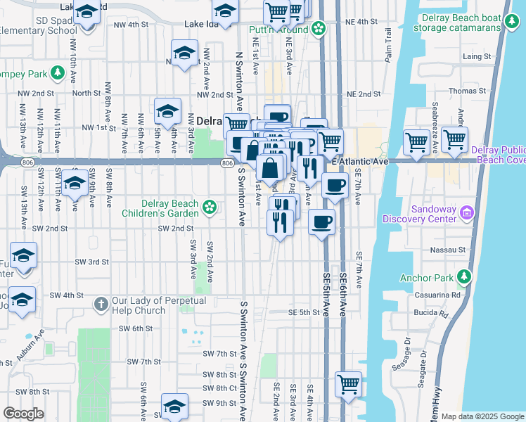 map of restaurants, bars, coffee shops, grocery stores, and more near 111 Southeast 1st Avenue in Delray Beach