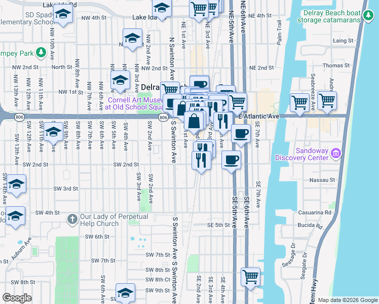 map of restaurants, bars, coffee shops, grocery stores, and more near 111 Southeast 1st Avenue in Delray Beach