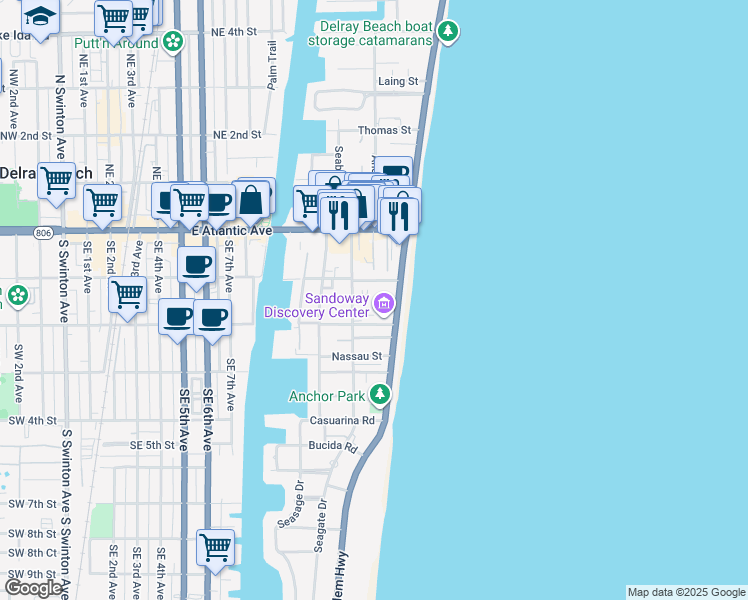 map of restaurants, bars, coffee shops, grocery stores, and more near 130 South Ocean Boulevard in Delray Beach