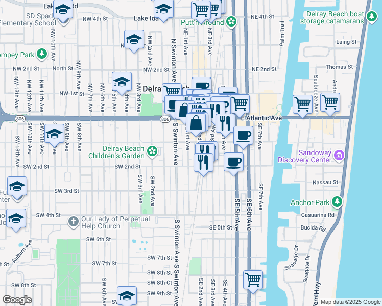 map of restaurants, bars, coffee shops, grocery stores, and more near 180 Southeast 2nd Avenue in Delray Beach