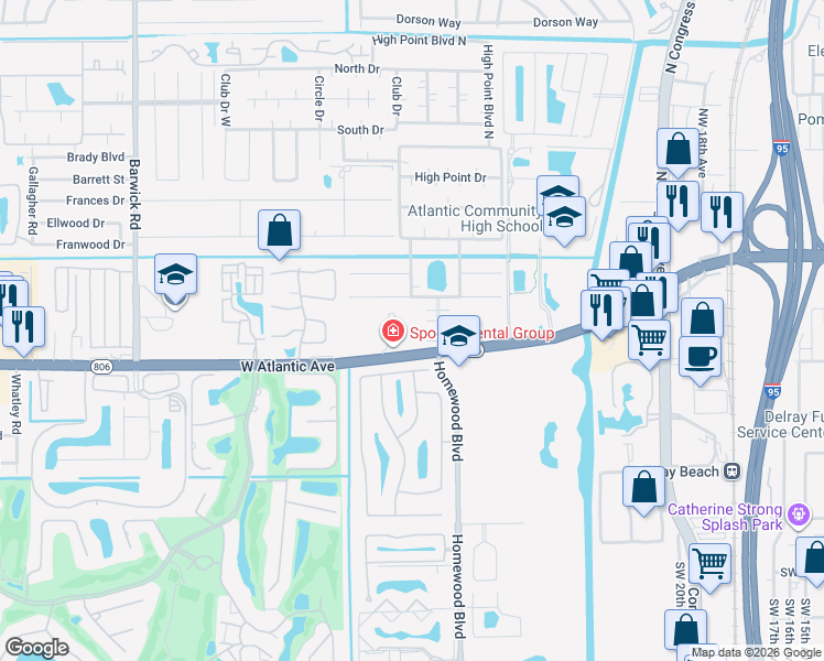 map of restaurants, bars, coffee shops, grocery stores, and more near 3827 West Atlantic Avenue in Delray Beach