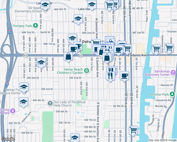 map of restaurants, bars, coffee shops, grocery stores, and more near 138 Southwest 1st Avenue in Delray Beach