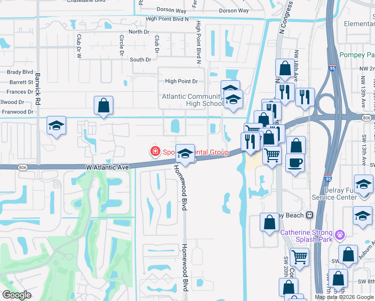 map of restaurants, bars, coffee shops, grocery stores, and more near 2755 West Atlantic Avenue in Delray Beach