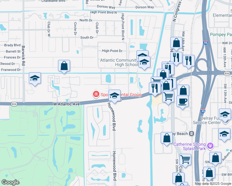map of restaurants, bars, coffee shops, grocery stores, and more near 2755 West Atlantic Avenue in Delray Beach