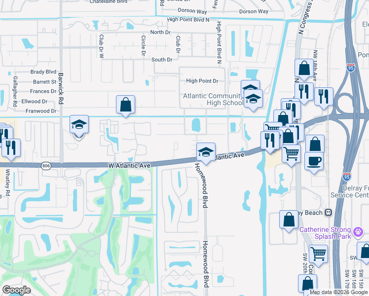 map of restaurants, bars, coffee shops, grocery stores, and more near 3827 West Atlantic Avenue in Delray Beach