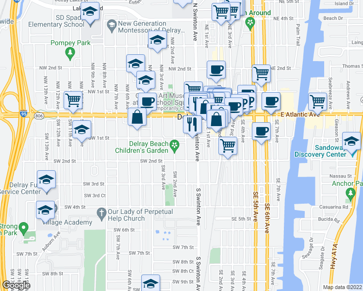 map of restaurants, bars, coffee shops, grocery stores, and more near 138 Southwest 1st Avenue in Delray Beach