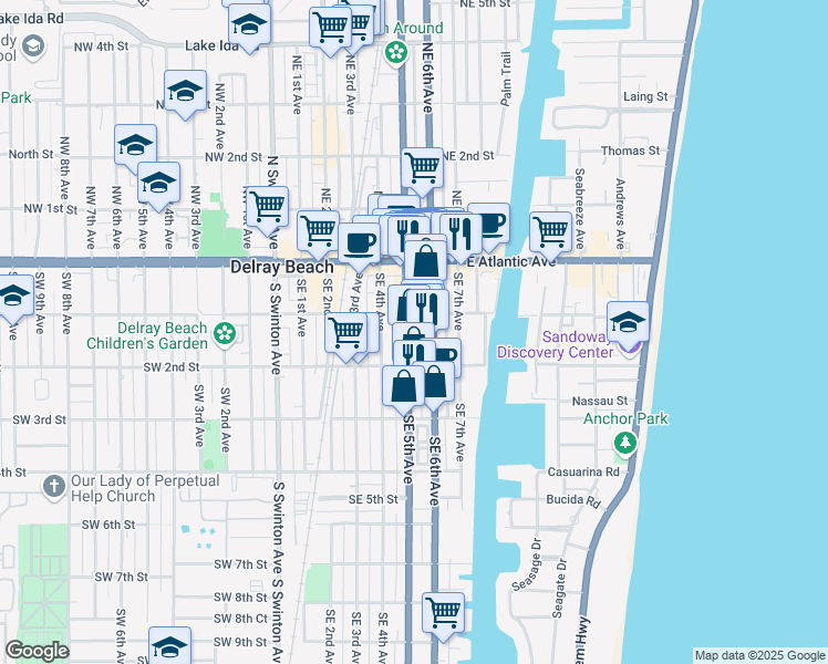 map of restaurants, bars, coffee shops, grocery stores, and more near 160 South Federal Highway in Delray Beach