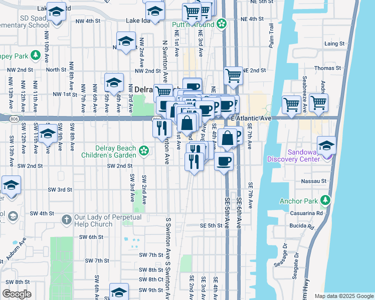 map of restaurants, bars, coffee shops, grocery stores, and more near 180 Southeast 2nd Avenue in Delray Beach