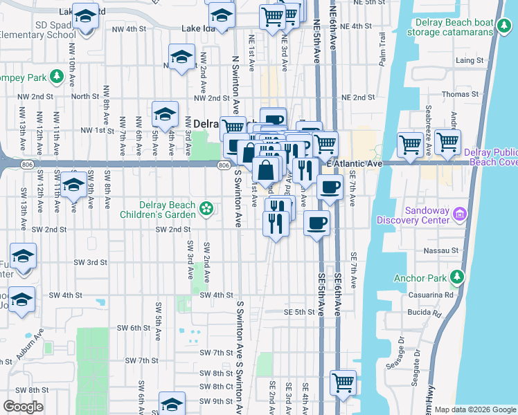 map of restaurants, bars, coffee shops, grocery stores, and more near 180 Southeast 2nd Avenue in Delray Beach