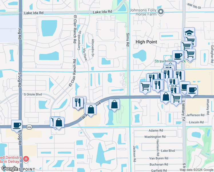 map of restaurants, bars, coffee shops, grocery stores, and more near 5625 American Circle in Delray Beach