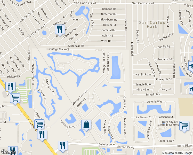 map of restaurants, bars, coffee shops, grocery stores, and more near 19599 Vintage Trace Circle in Fort Myers