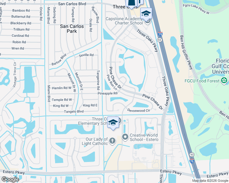 map of restaurants, bars, coffee shops, grocery stores, and more near 19233 Pine Run Lane in Fort Myers