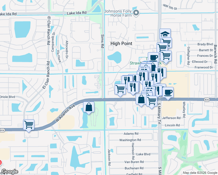 map of restaurants, bars, coffee shops, grocery stores, and more near 14719 Canalview Drive in Delray Beach