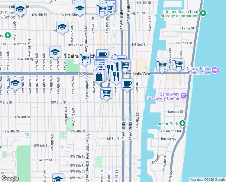 map of restaurants, bars, coffee shops, grocery stores, and more near 252-326 Southeast 1st Street in Delray Beach
