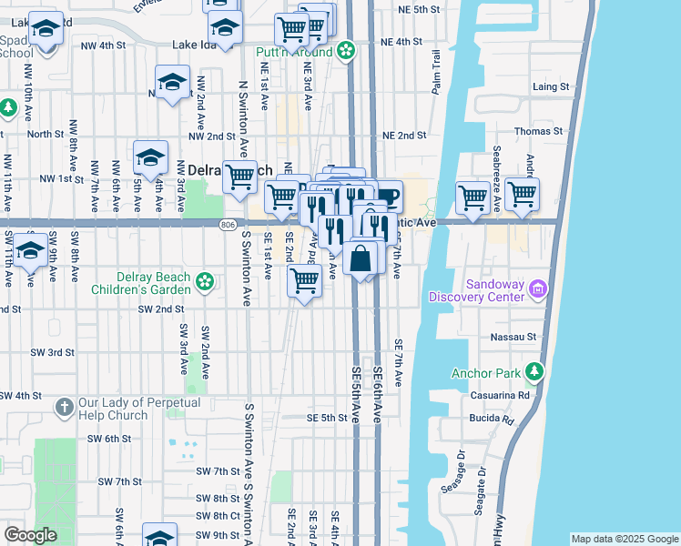 map of restaurants, bars, coffee shops, grocery stores, and more near 407 Southeast 1st Street in Delray Beach