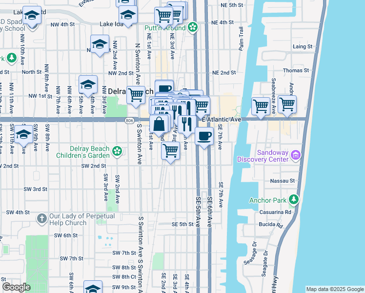 map of restaurants, bars, coffee shops, grocery stores, and more near 252-326 Southeast 1st Street in Delray Beach