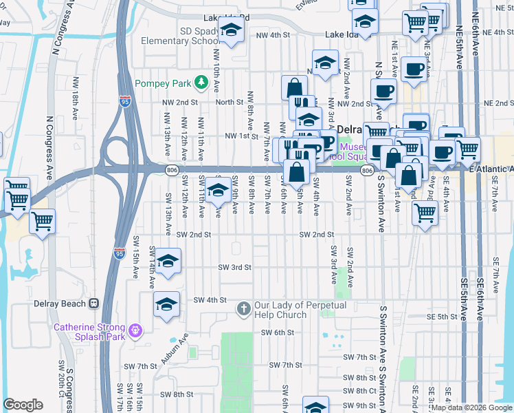 map of restaurants, bars, coffee shops, grocery stores, and more near 48 Southwest 7th Avenue in Delray Beach