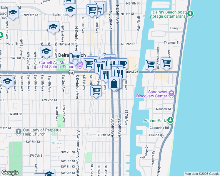 map of restaurants, bars, coffee shops, grocery stores, and more near 102 Southeast 5th Avenue in Delray Beach