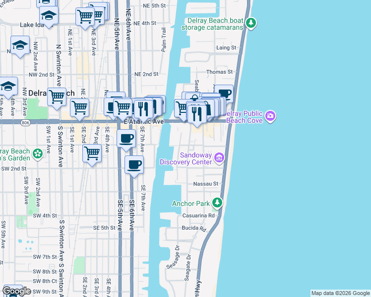map of restaurants, bars, coffee shops, grocery stores, and more near 100 Venetian Drive in Delray Beach