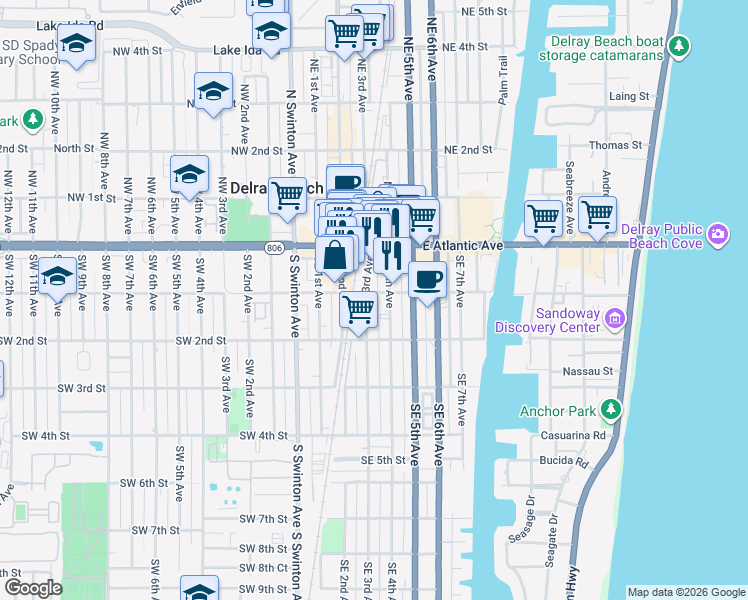 map of restaurants, bars, coffee shops, grocery stores, and more near 310 Southeast 3rd Avenue in Delray Beach